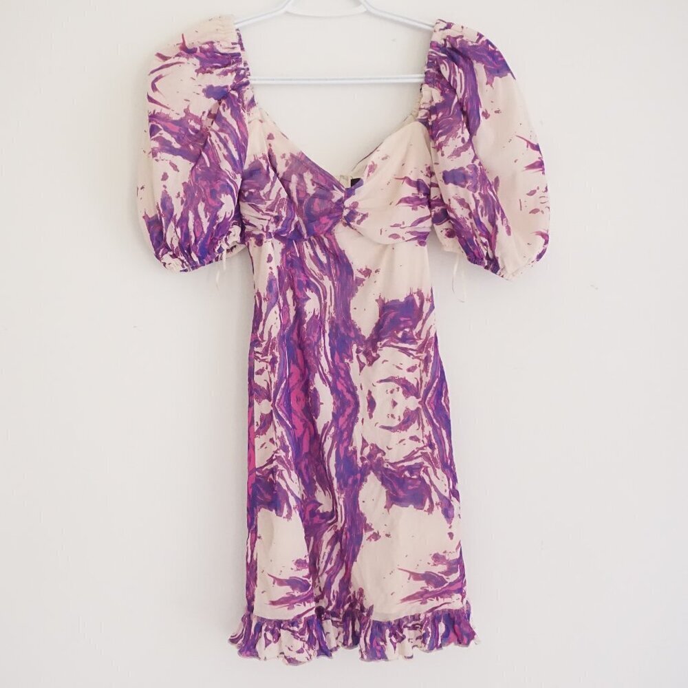 Slate & Willow Cream Purple Abstract Puff Sleeve Coquette Mini Dress XS